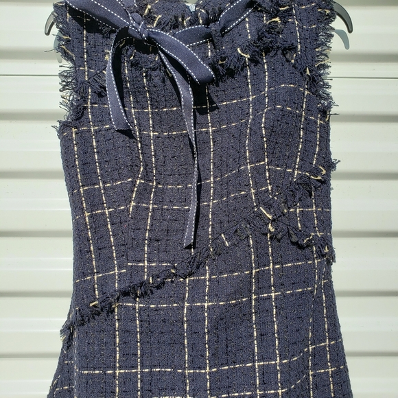 Onebuye Tweed Asymmetrical Sleeveless Raw Hem Blue Plaid Dress - Picture 5 of 14